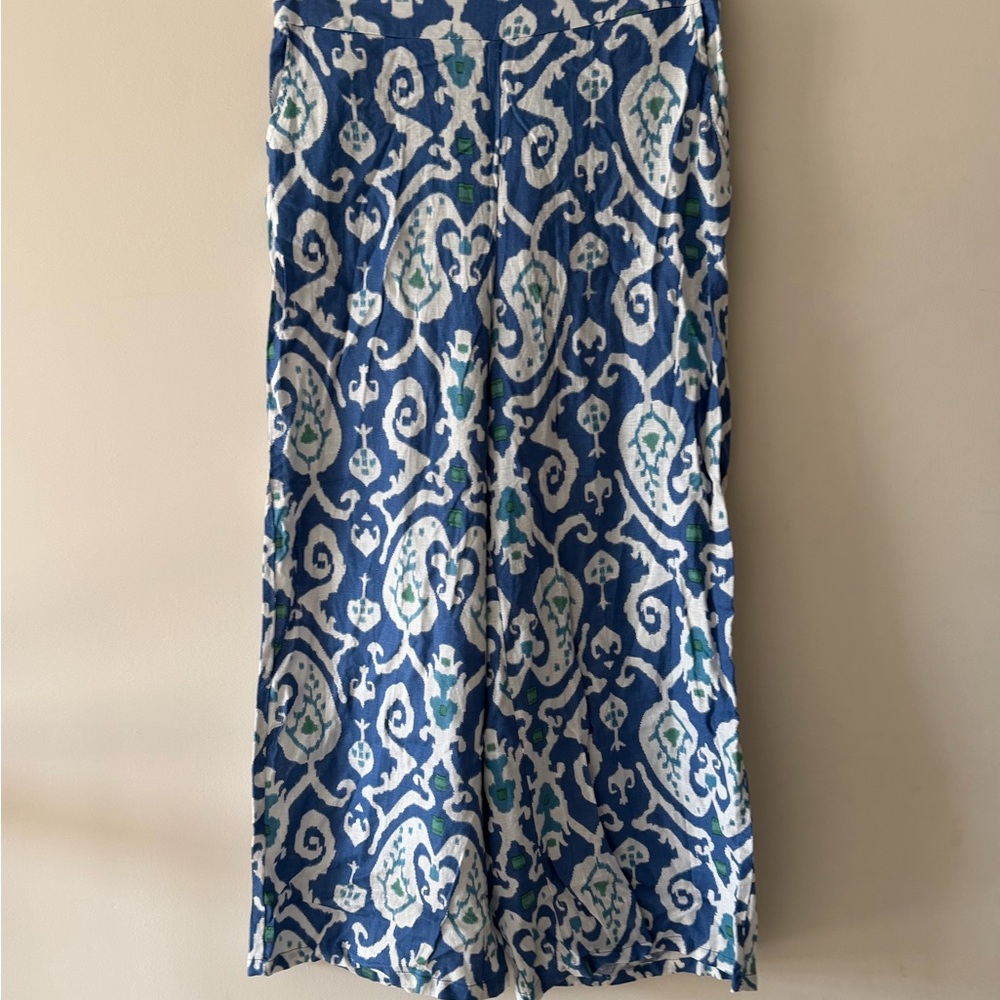 Christian Siriano Elegant Blue and White Patterned Linen Pants